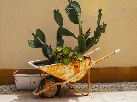 upcycled planters in an urban garden