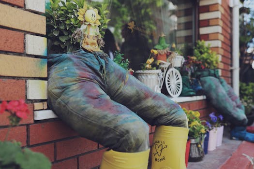 colorful upcycled planters in a vibrant garden