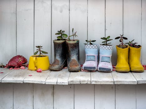 upcycled planters in a community garden